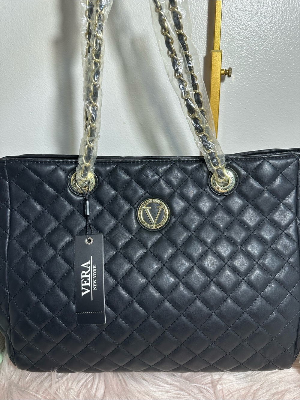 Vera New York Quilted Black Chain-Handle Tote
